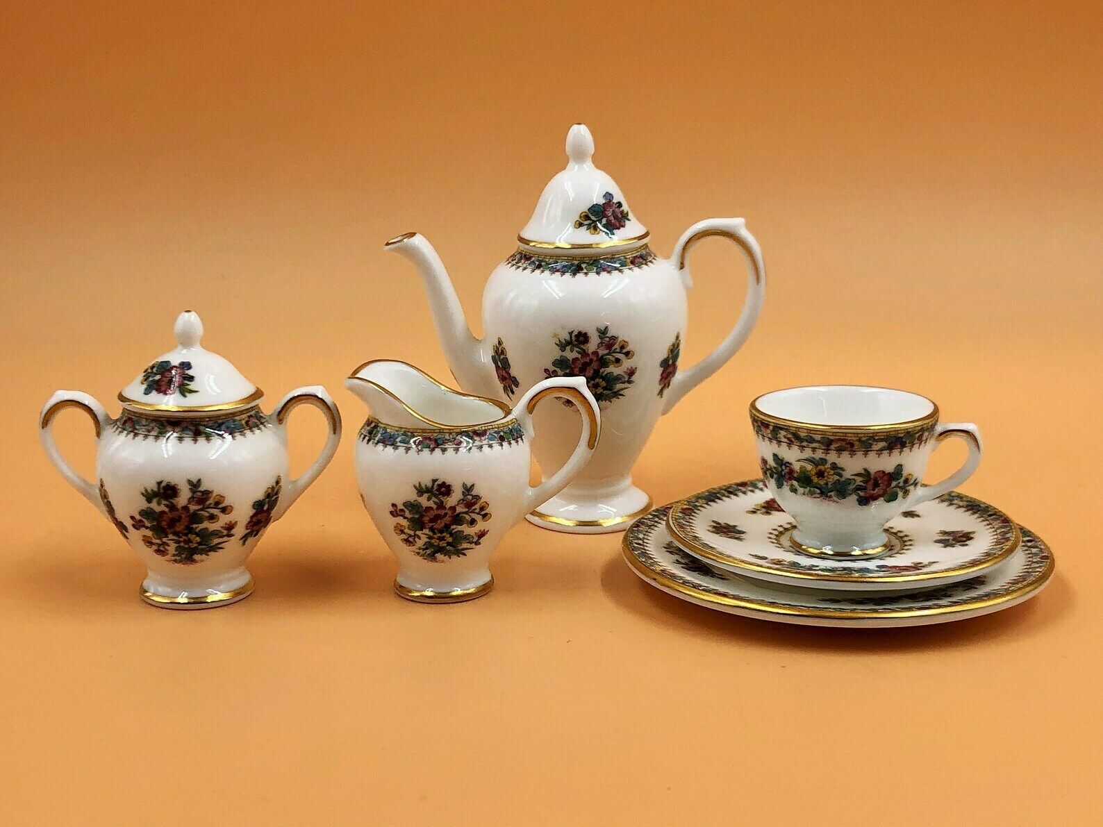 Coalport China Ming Rose Miniature 8 Piece Cabinet Coffee Set. Coffee Pot, Creamer, Sugar, & 1 Trio photo furniture