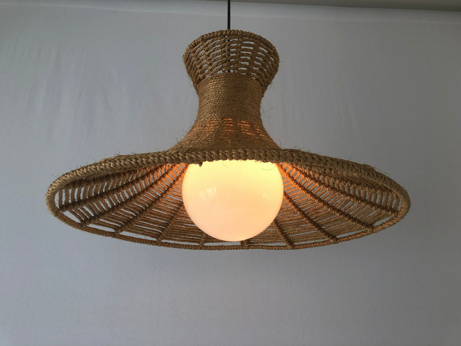 Handwoven Brown Thick Thread And Metal Body Xl Pendant With Ball Glass Shade, 1970s, Germany photo vinterior