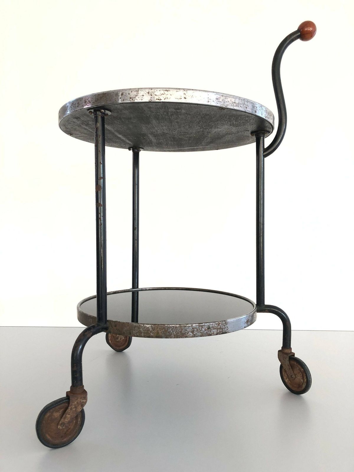 Art Deco 2 Layer Glass Rare Rolling Bar Cart With Ball Top Handle, 1940s photo Furniture