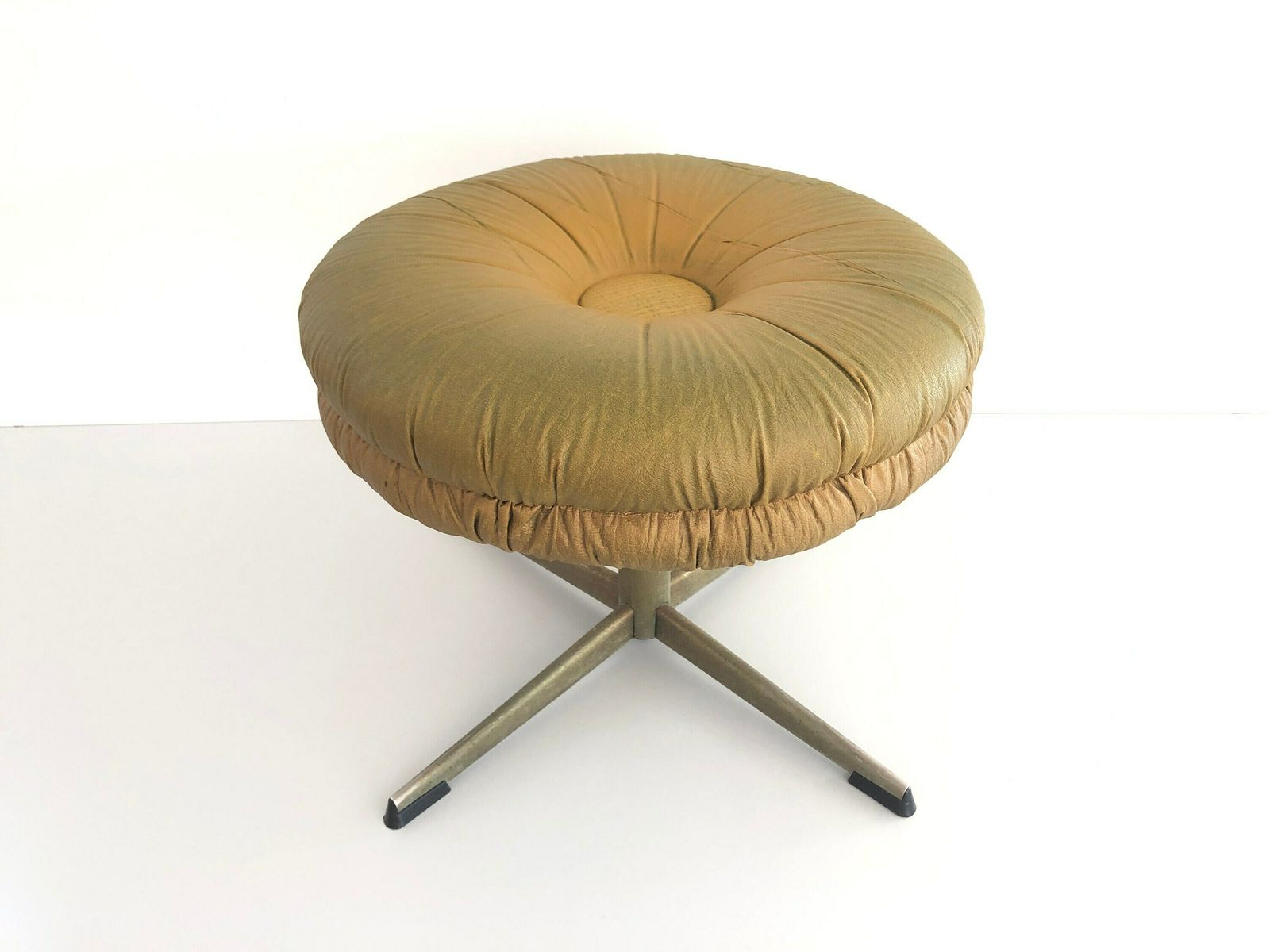 Rare Yellow Green Lux Leather Swivel Stool By Isku, 1960s, Finland