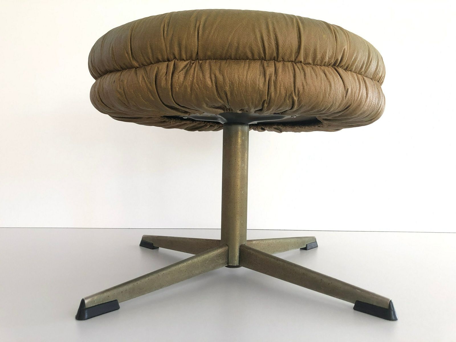 Rare Yellow Green Lux Leather Swivel Stool By Isku, 1960s, Finland photo Furniture