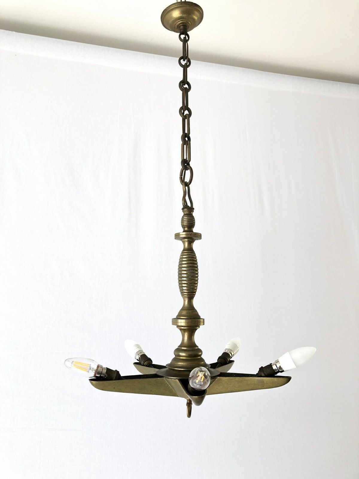 Unique Full Brass Star Design Church Chandelier, 30/40s, France photo 3840.0