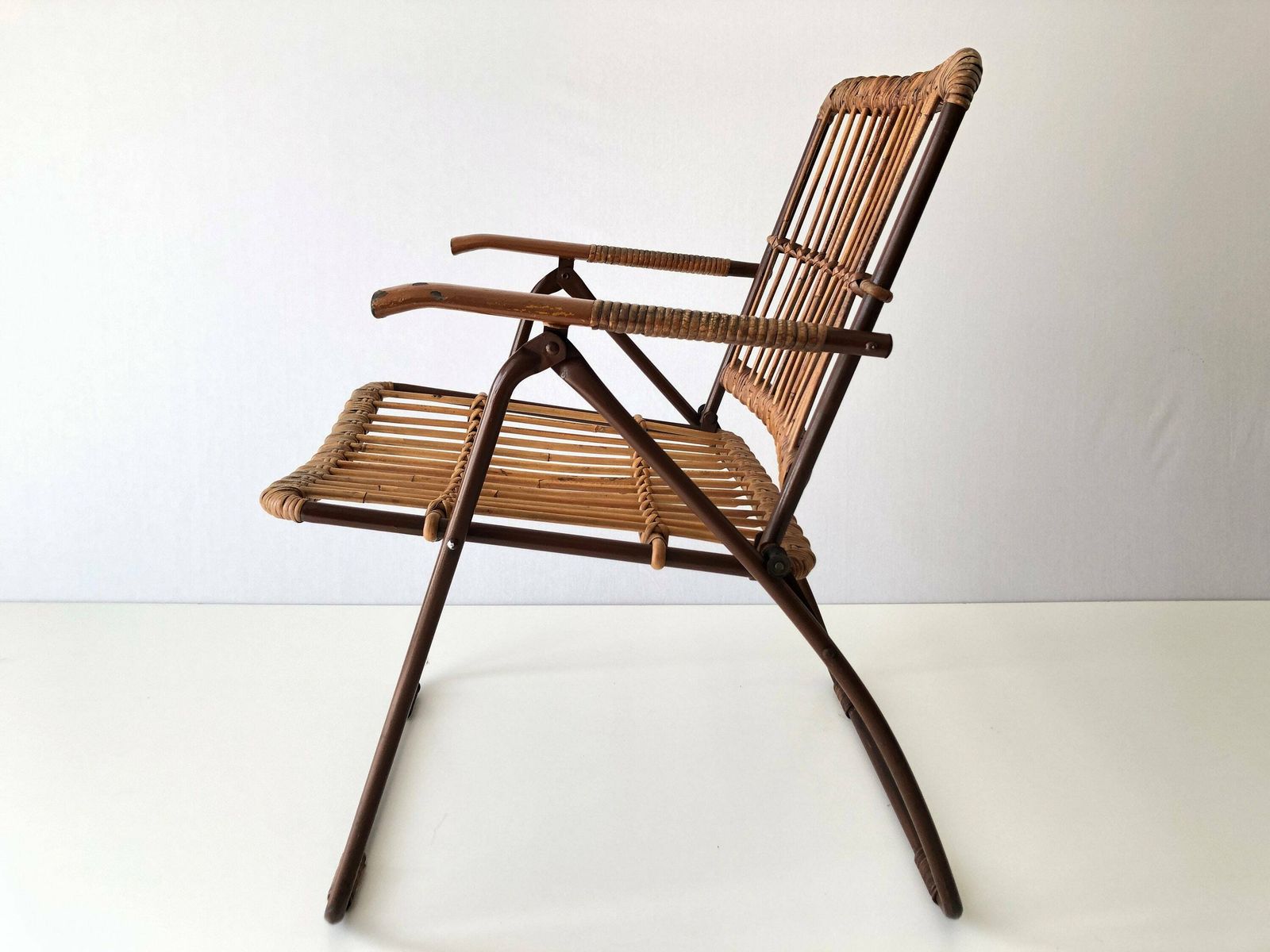 Mid Century Modern Italian Bamboo And Brown Metal Folding Armchair, 1960s, Italy photo for sale