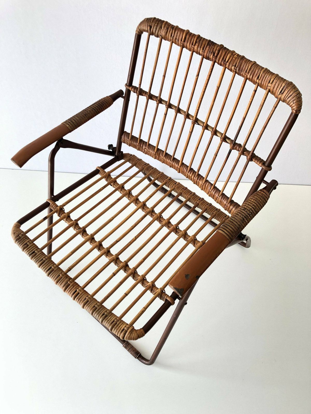 Mid Century Modern Italian Bamboo And Brown Metal Folding Armchair, 1960s, Italy photo vinterior