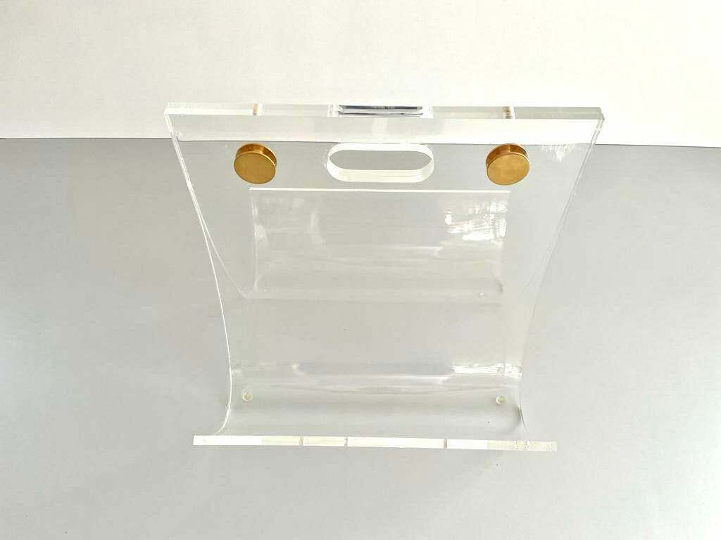 photo furniture Elegant Heavy Thick Lucite Plexiglass Magazine Rack With Gold Details, 1970s