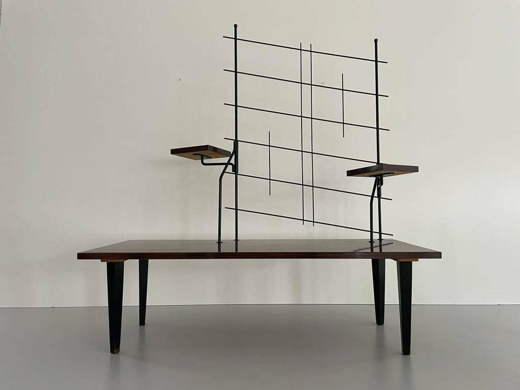 Mid Century Design Wood And Black Metal Geometric Backside Plant Stand, 1950s, France photo furniture