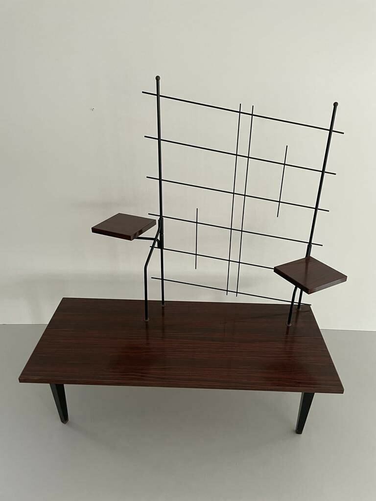 Mid Century Design Wood And Black Metal Geometric Backside Plant Stand, 1950s, France photo for sale