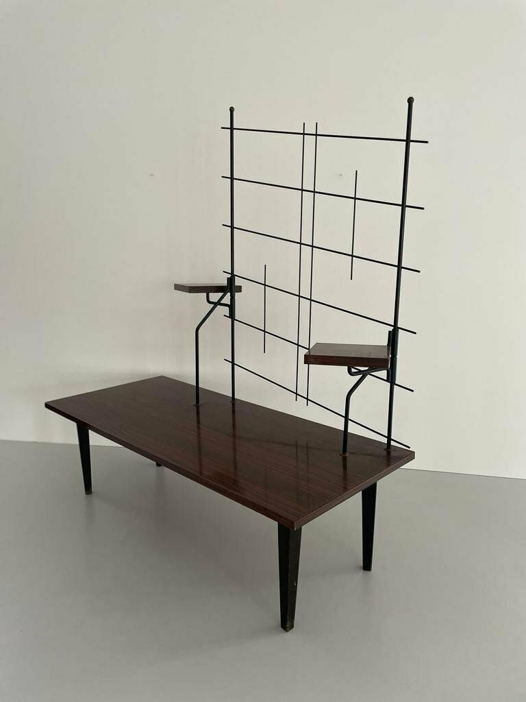 Mid Century Design Wood And Black Metal Geometric Backside Plant Stand, 1950s, France photo Furniture