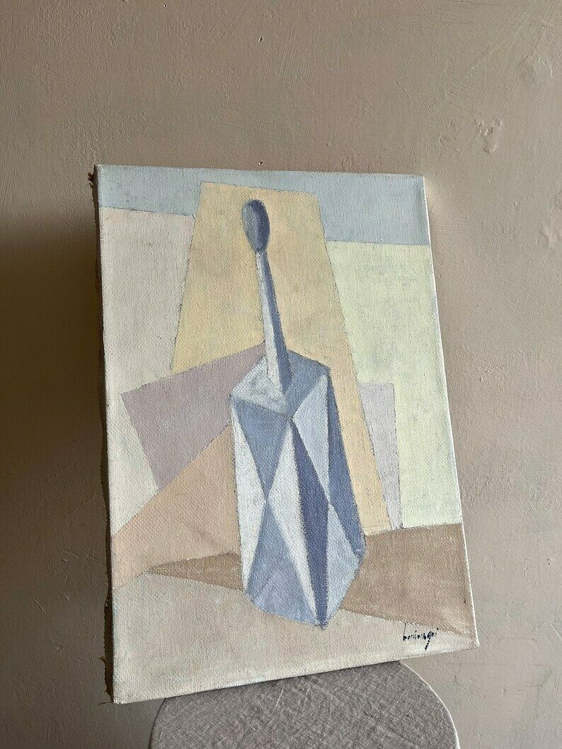 Italian Mid Century Cubist Oil On Canvas Painting Vintage Original Artwork In Pastel Colours Signed By Artist photo furniture