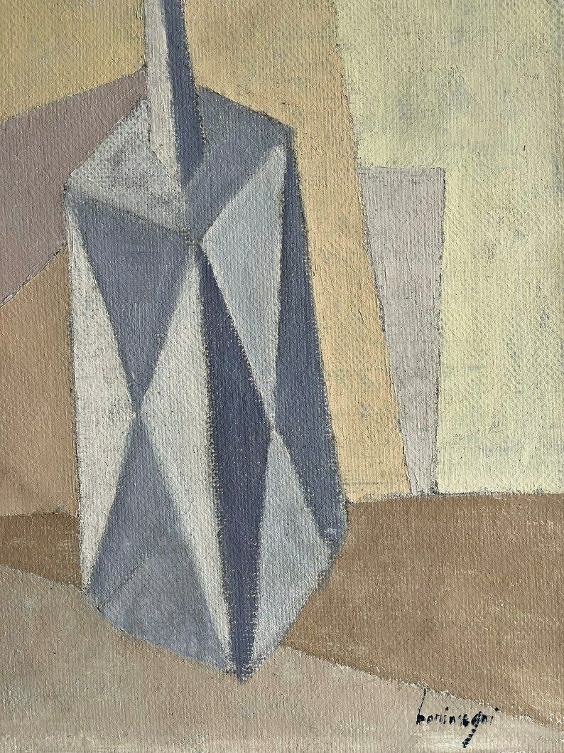 photo for sale Italian Mid Century Cubist Oil On Canvas Painting Vintage Original Artwork In Pastel Colours Signed By Artist