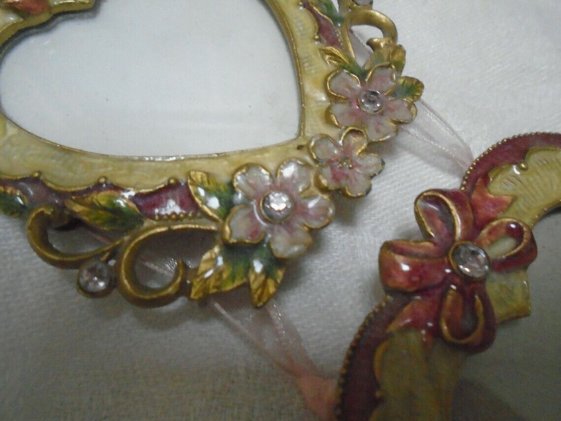 Vintage Photo Frame Trio, Heart Shaped Enameled Frames With Rhinestones, For Three photo 59.0