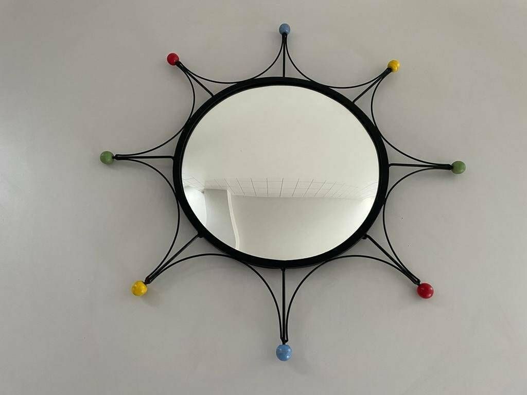 Round Black Metal Atomic Style Wall Mirror, 1980s, France
