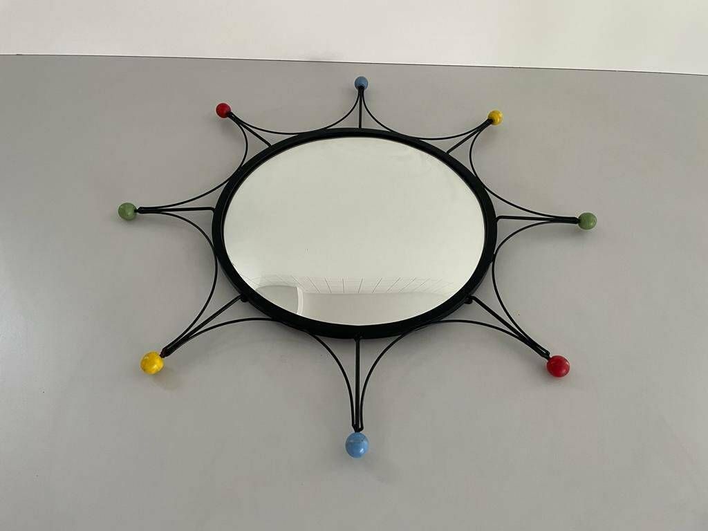 Round Black Metal Atomic Style Wall Mirror, 1980s, France photo for sale