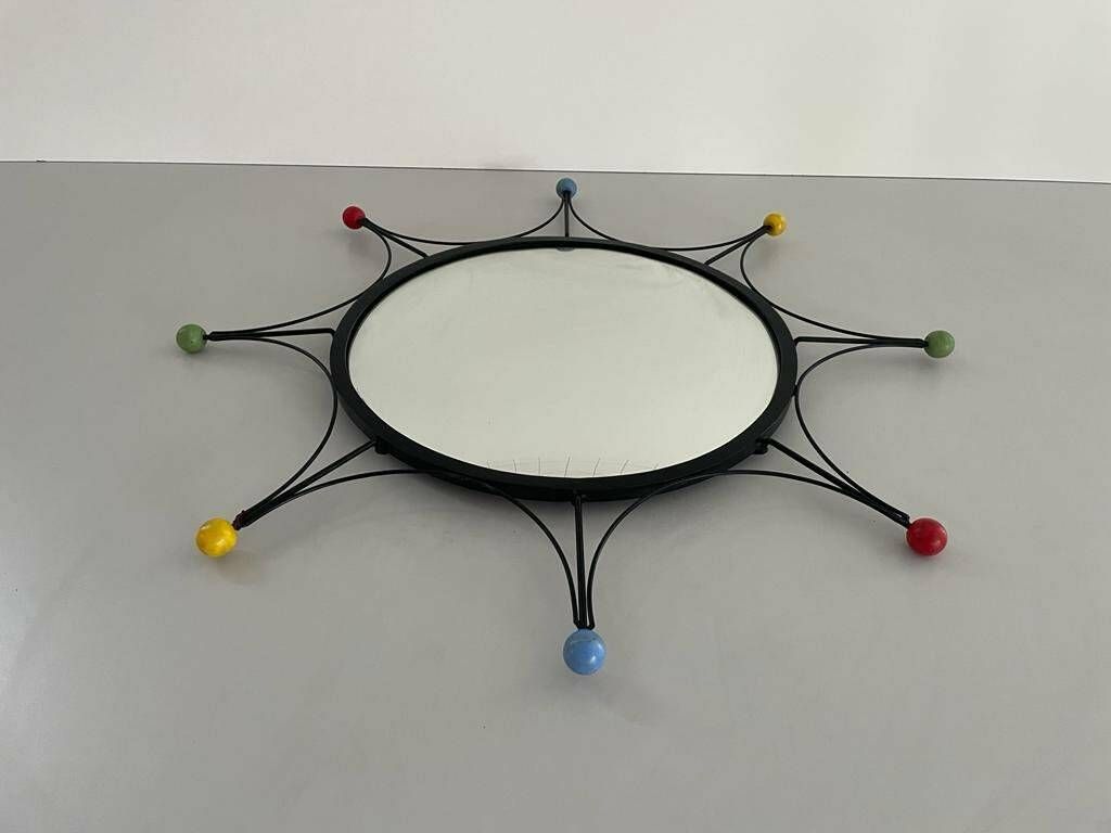 photo for sale Round Black Metal Atomic Style Wall Mirror, 1980s, France