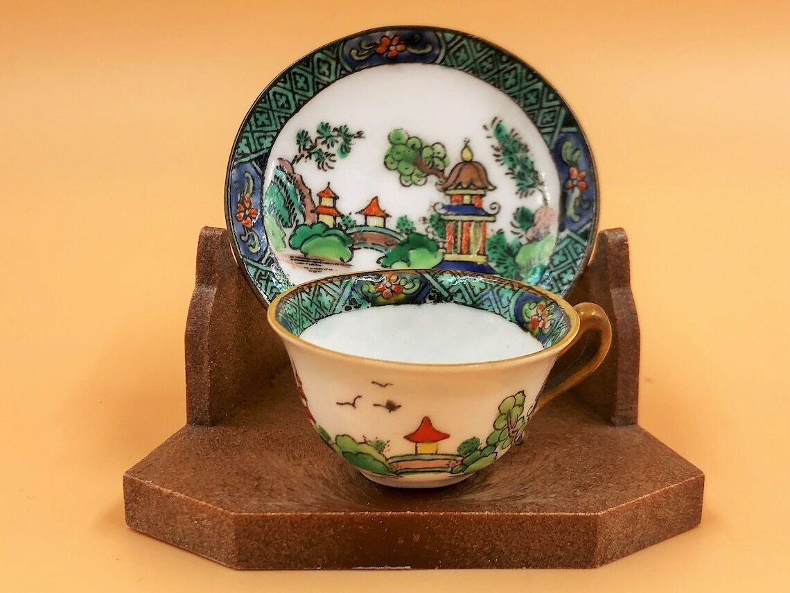 Antique Crown Staffordshire China Chinese Willow / Ye Olde Willow Oriental Pagoda Miniature Cabinet Display Tea Set. 5356. photo furniture
