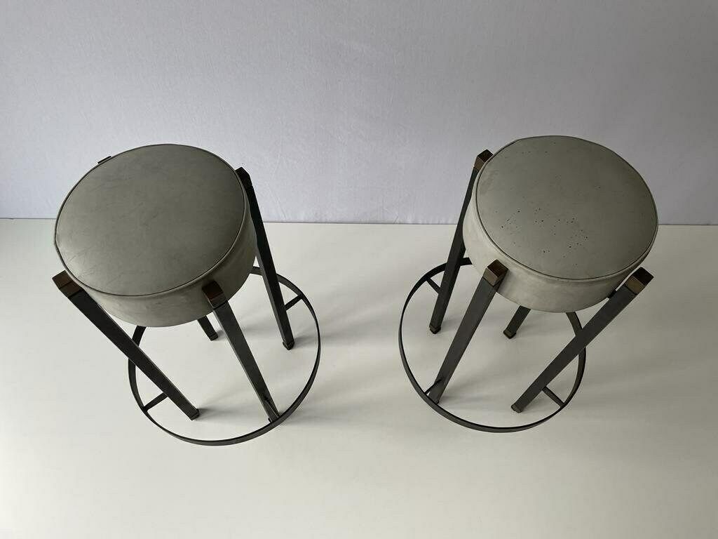 Italian Gray Leather Pair Of Bar Stools With Circle Footrests, 1960s, Italy photo for sale