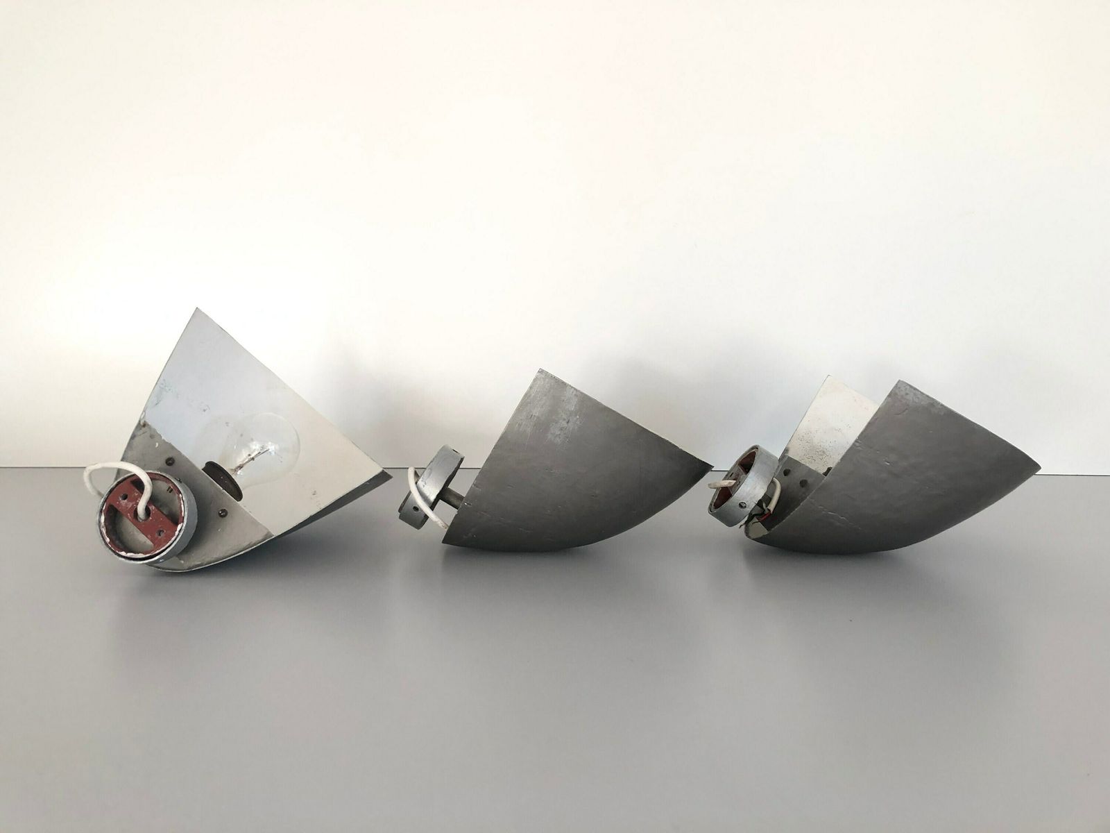 Gray Curved Metal Industrial Set Of 3 Church Sconces, 40s/50s, Germany photo Lighting