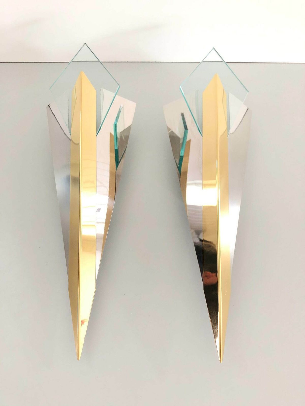 Luxurious Chrome And Gold Metal Triangle Design Pair Of Sconces By J.T. Kalmar, 1970s, Germany photo furniture