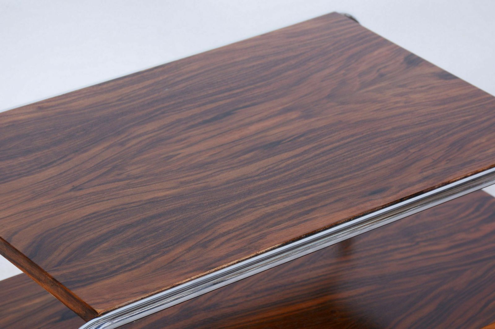 Restored Bauhaus Side Table, Hynek Gottwald, Walnut, Chrome Plated Steel, Revitalized Polish, Professionally Cleaned Chrome, Czechia, 1930s photo vinterior