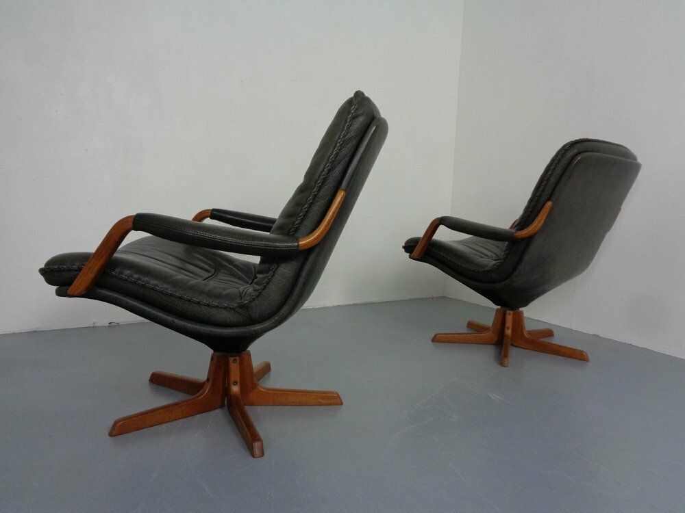 photo for sale Danish Teak & Leather Swivel Lounge Chairs From Berg Furniture, 1970s, Set Of 2