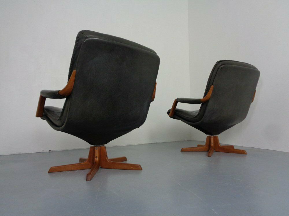 photo buy Danish Teak & Leather Swivel Lounge Chairs From Berg Furniture, 1970s, Set Of 2