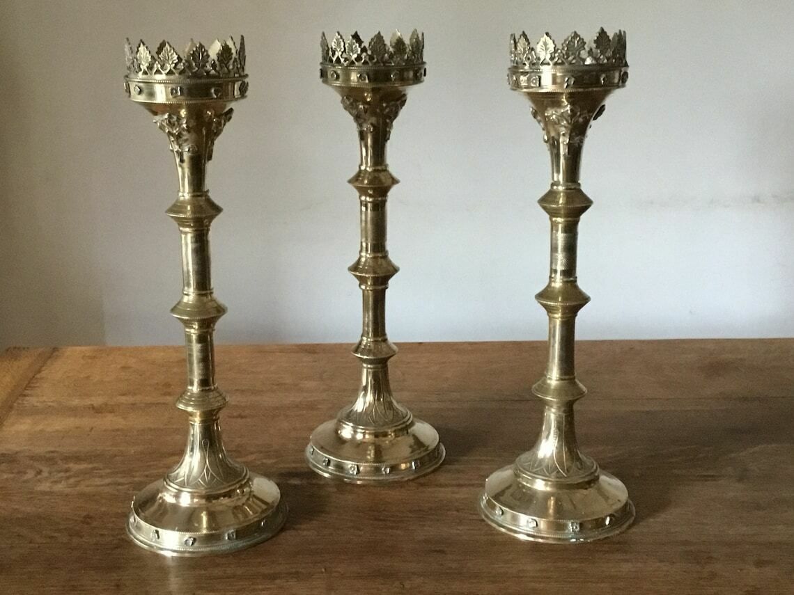 Stunning Set Of 3 Large Brass Gothic Revival Church Altar Candlesticks photo for sale