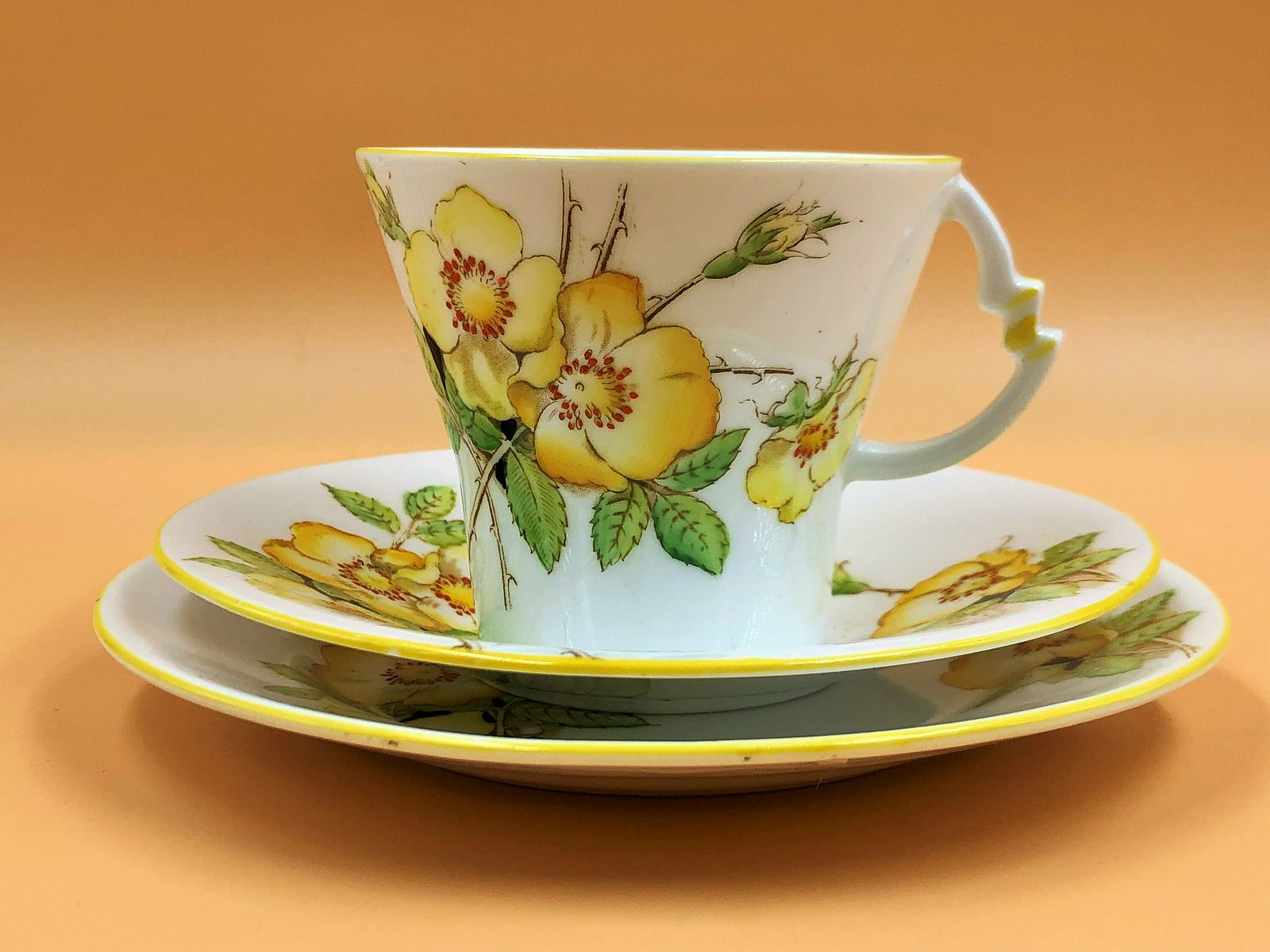 Royal Albert Crown China Art Deco Shape Wild Rose Yellow Trim Design Tea Trio. 794028. 9351. photo furniture