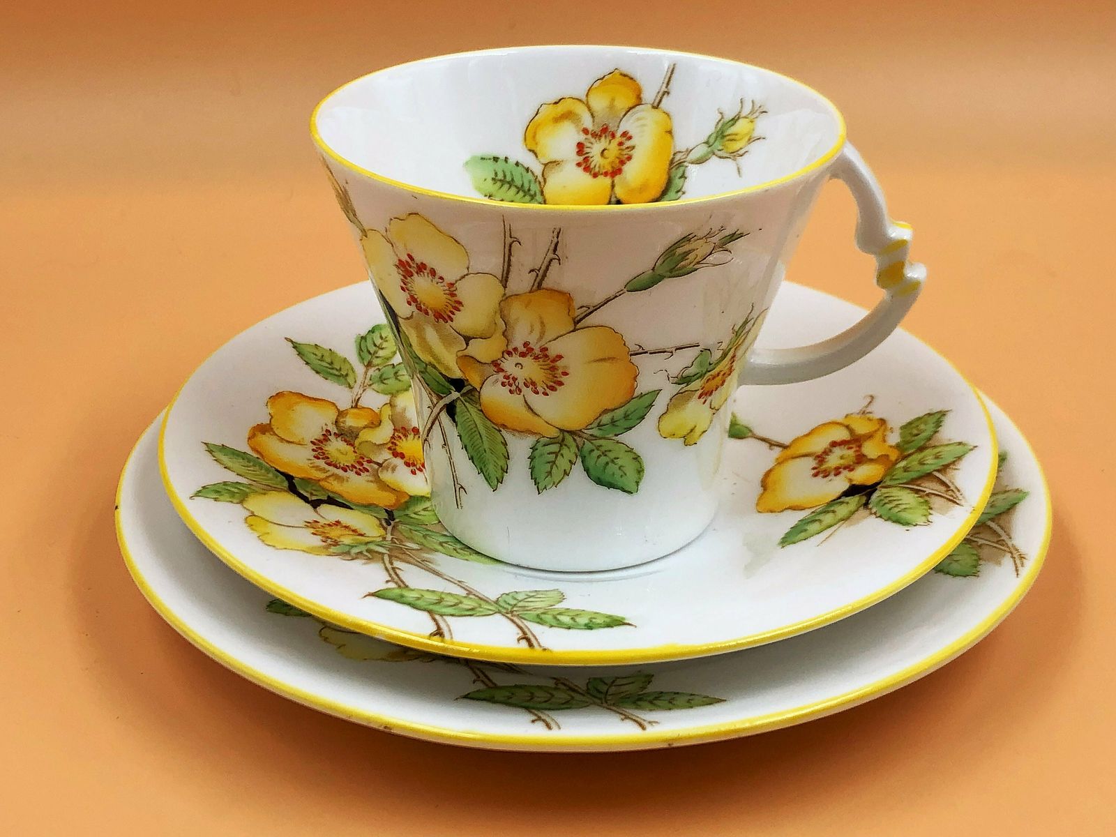 Royal Albert Crown China Art Deco Shape Wild Rose Yellow Trim Design Tea Trio. 794028. 9351. photo for sale