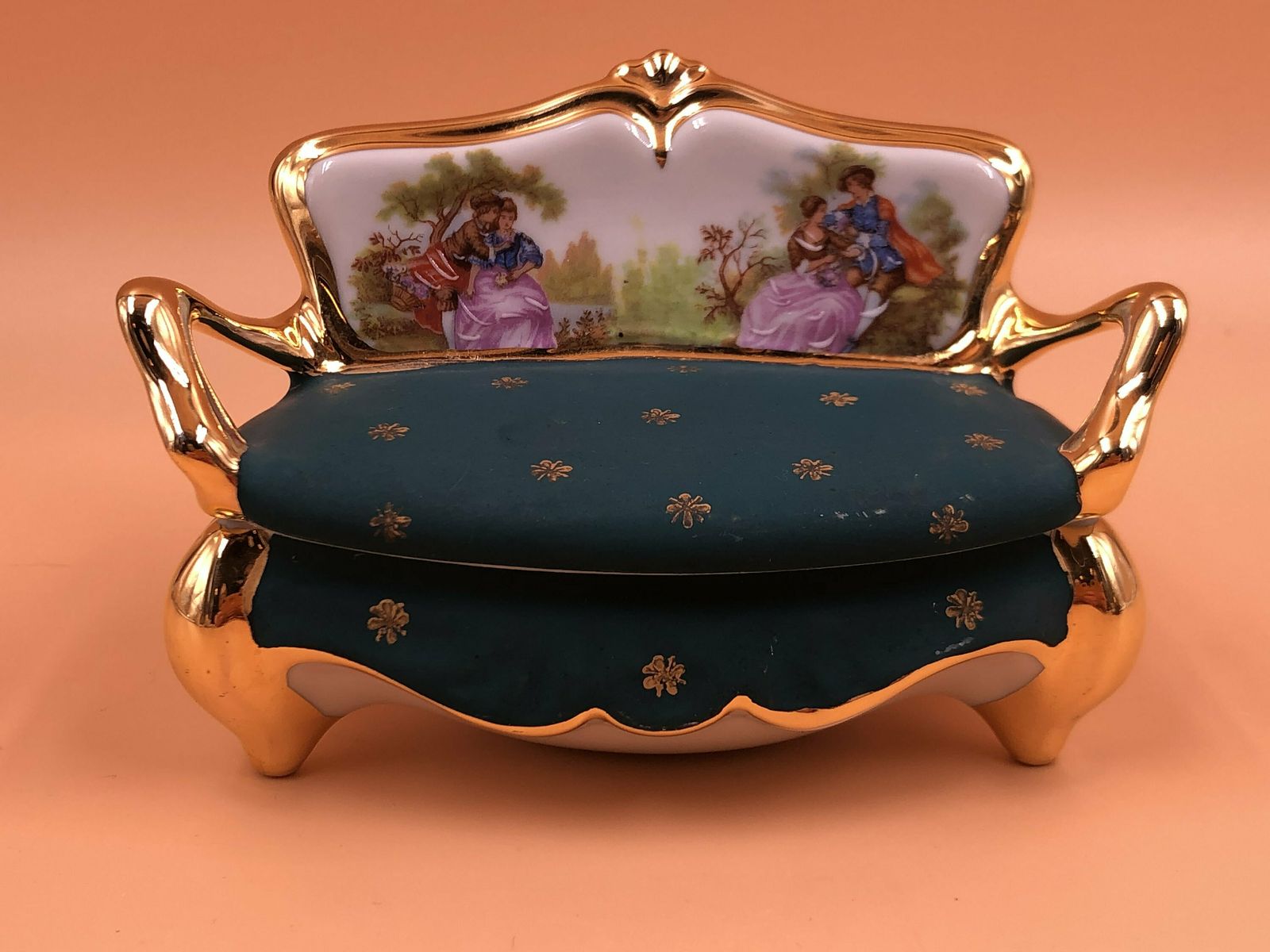 Limoges Porcelain Green / Gold Sofa Trinket Box / Jewelry Box With Courting Couple.