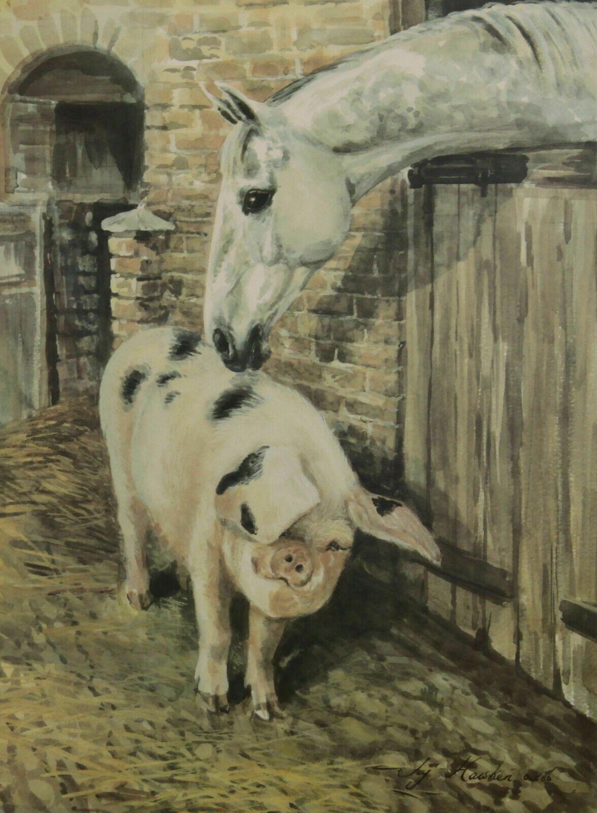 Signed Print By Joy Hawker. A Horse And Pig By The Stable photo furniture