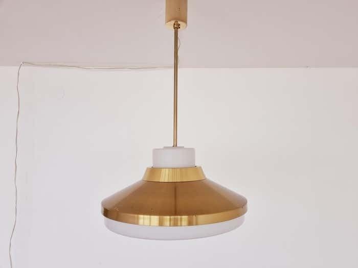 Set Of Two Brass And Milk Glass Midcentury Pendants Kamenicky Senov 1970s photo for sale