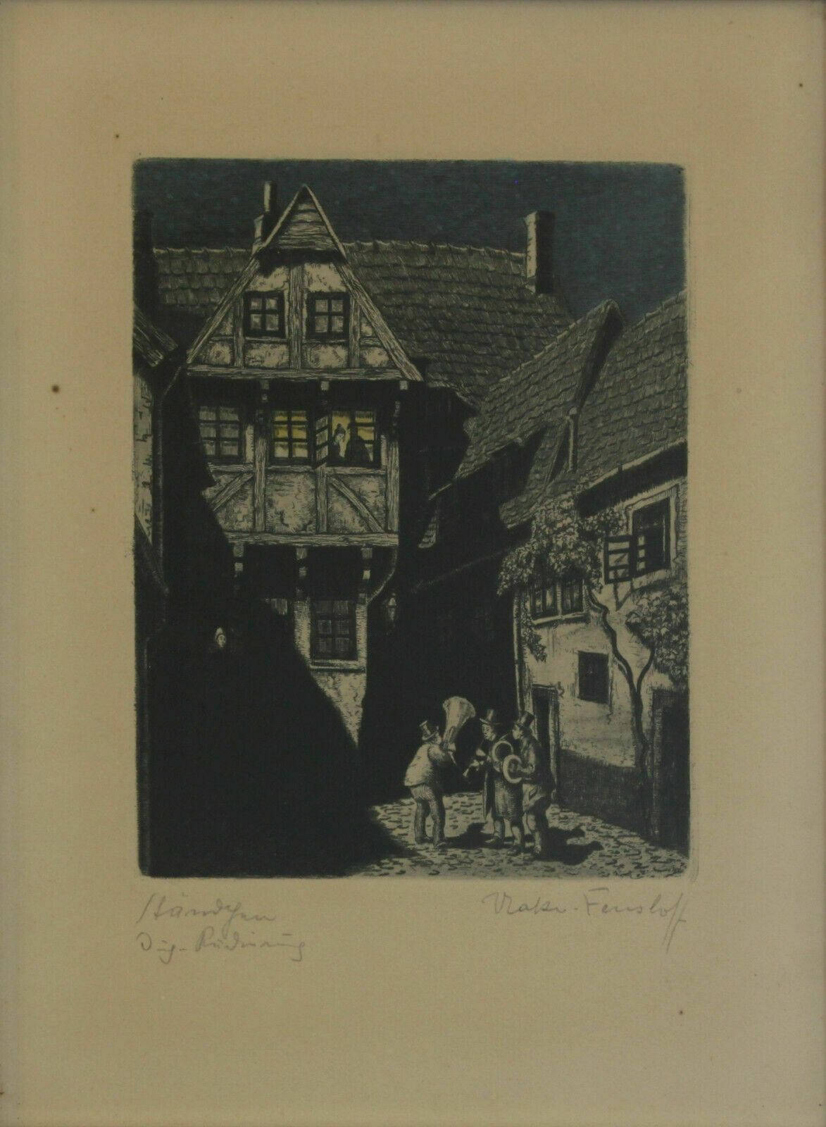 Etching By Volker Fenshoff. A Town Scene With Musicians Playing At Night. photo furniture