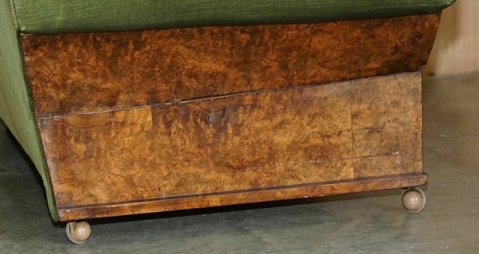 Furniture Stylish Antique Art Deco Cir 1920 Burr Walnut Green Velour Sofa Part Of A Suite photo
