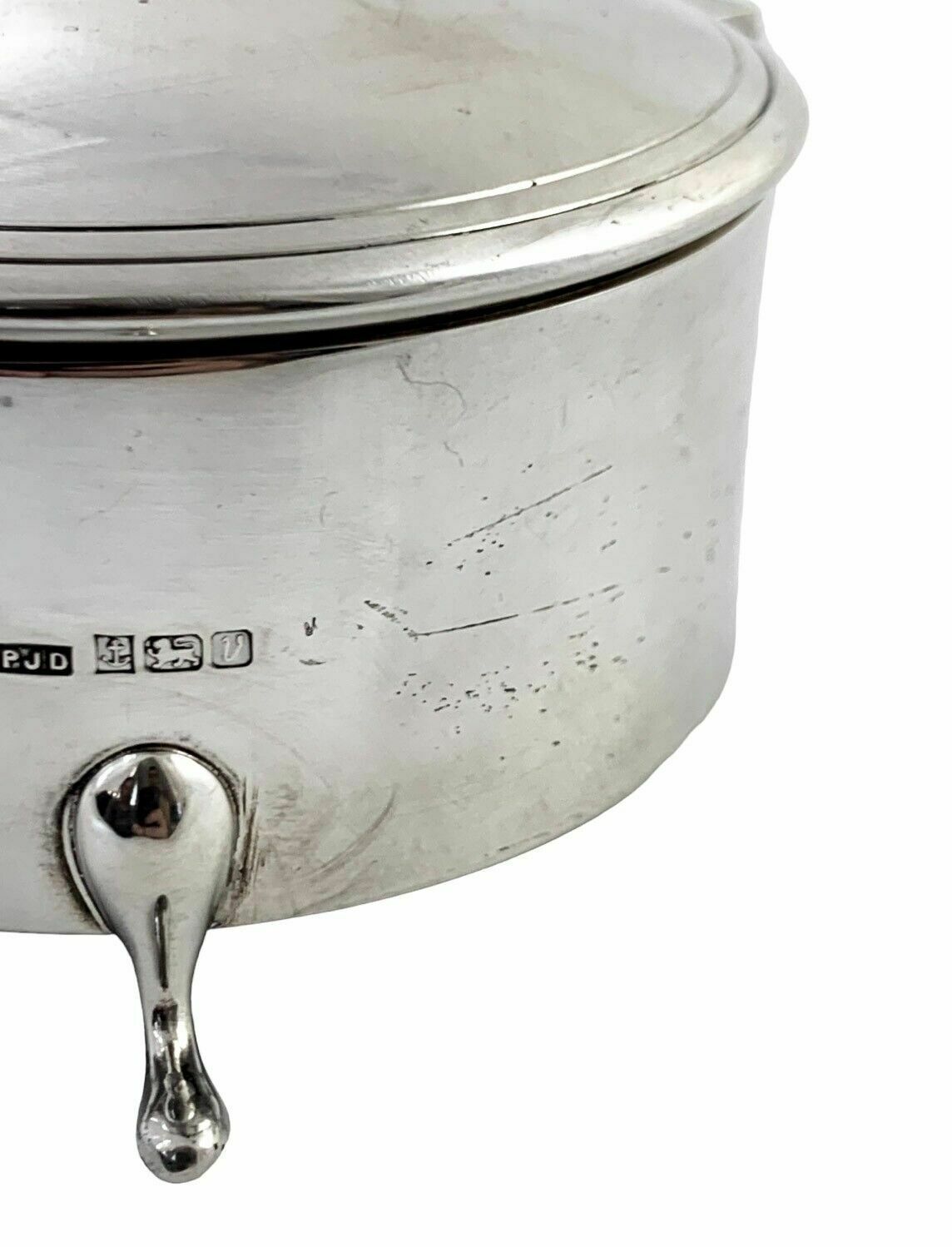 425.0 Large Vintage Sterling Silver Keepsake Trinket Toilet Box, Round Body, Hoof Feet photo