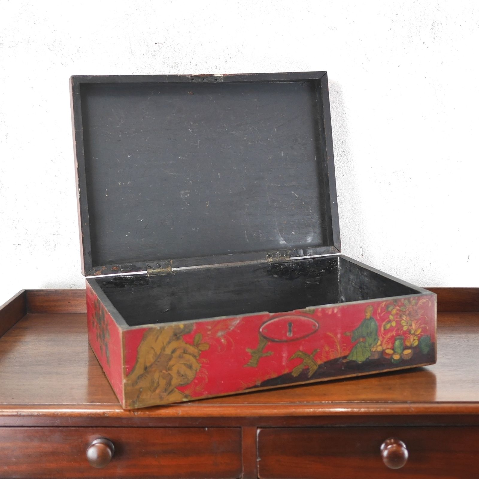 Antique Wig Jewelry Red Wooden Box Chinoiserie photo vintage