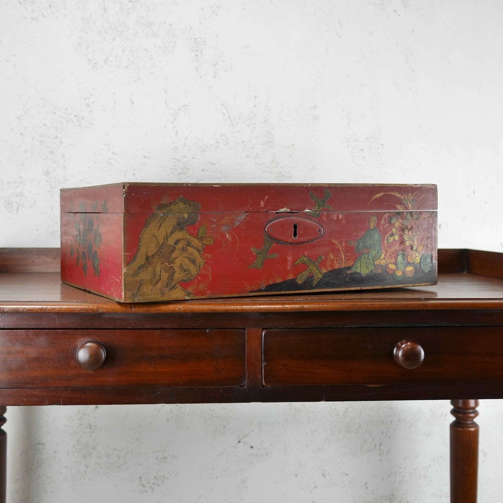 Antique Wig Jewelry Red Wooden Box Chinoiserie photo for sale