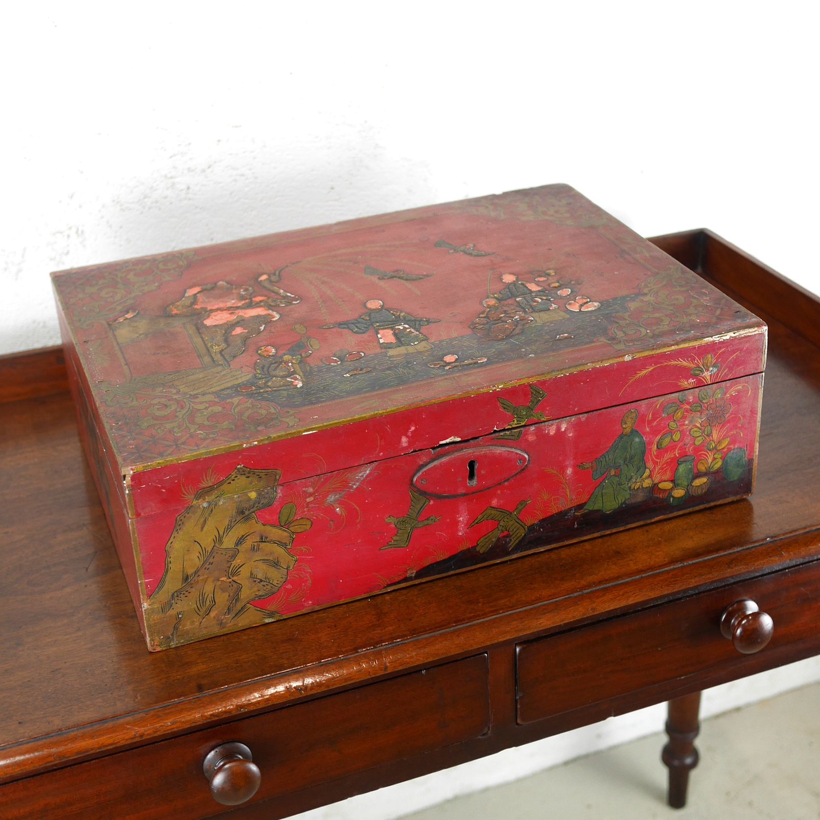 Antique Wig Jewelry Red Wooden Box Chinoiserie photo Home Decor