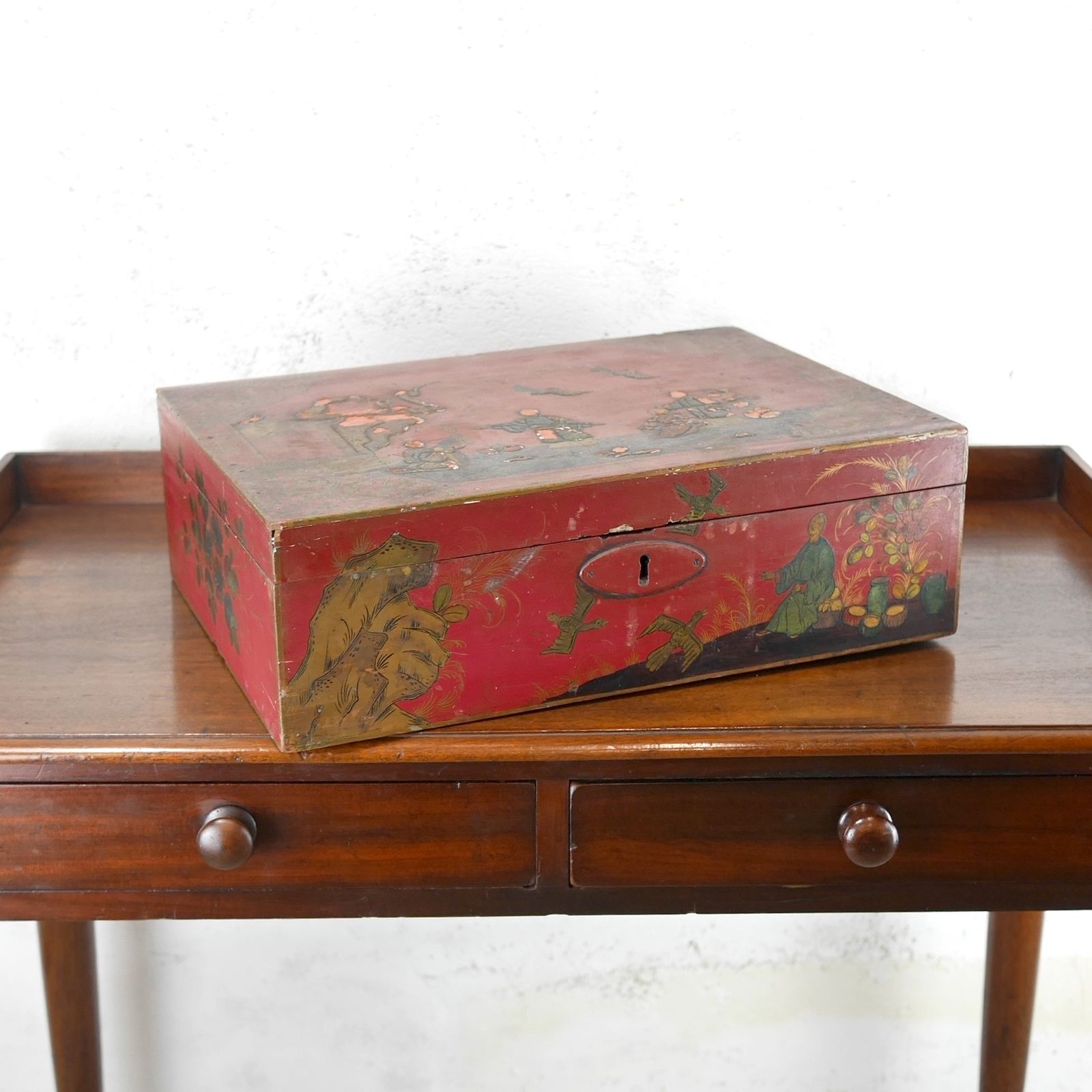 Antique Wig Jewelry Red Wooden Box Chinoiserie photo 365.0