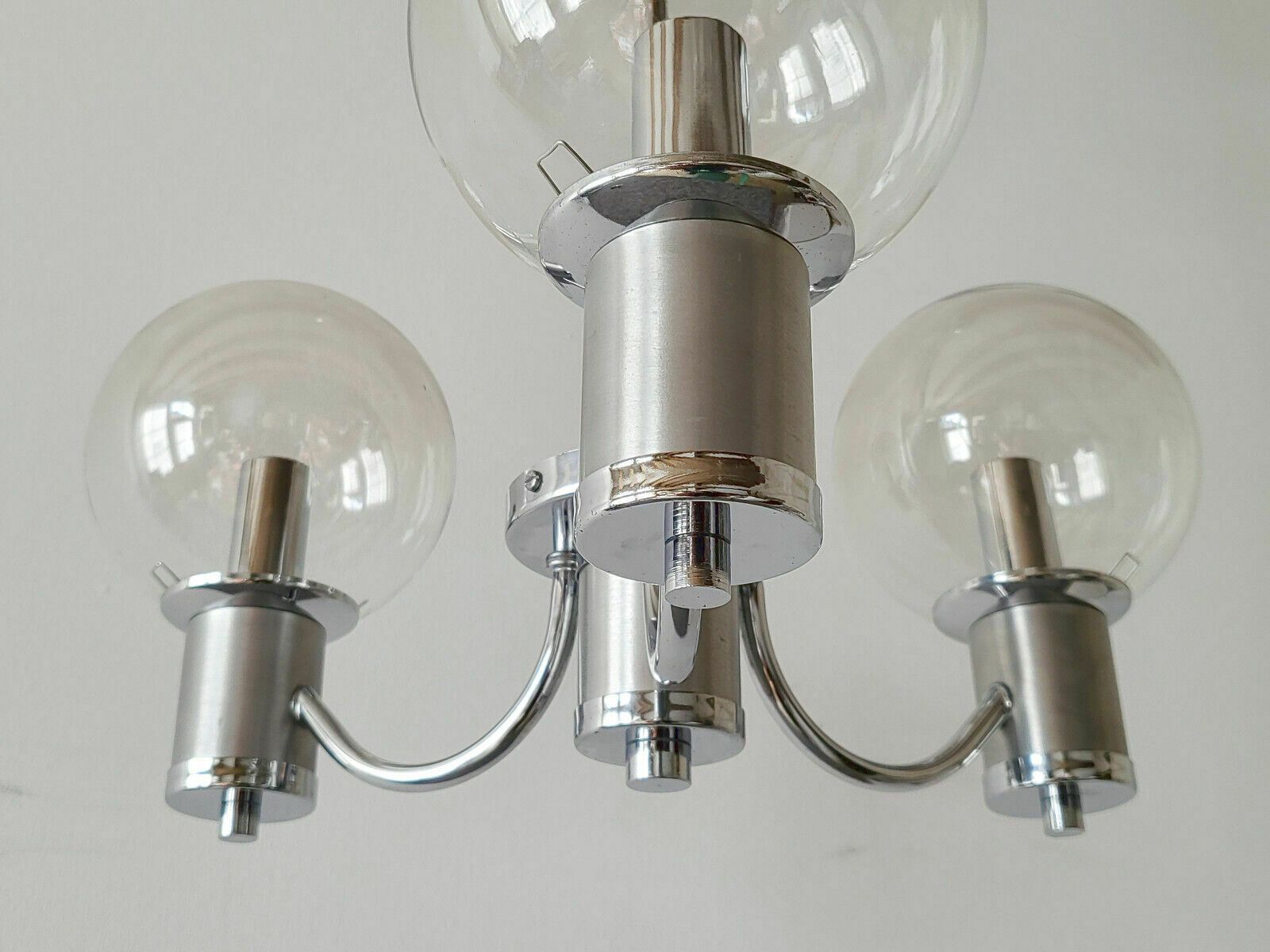 Vintage Pendant Chandelier 1970 Chrome Steel & Brushed Glass 70s 1970s Retro photo 156.0