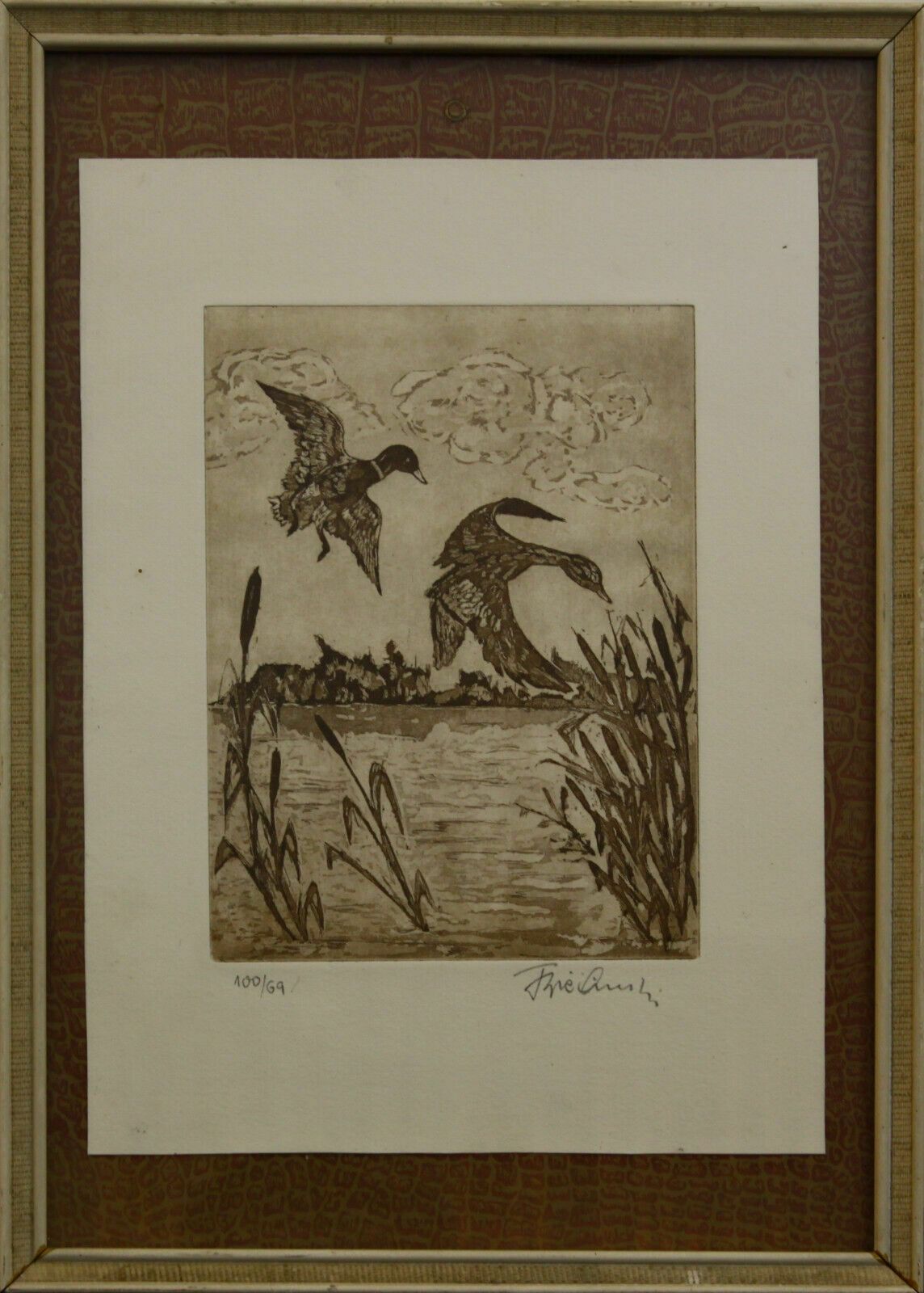 Aquatint Etching In Sepia Of Flying Ducks. Artist Unknown.