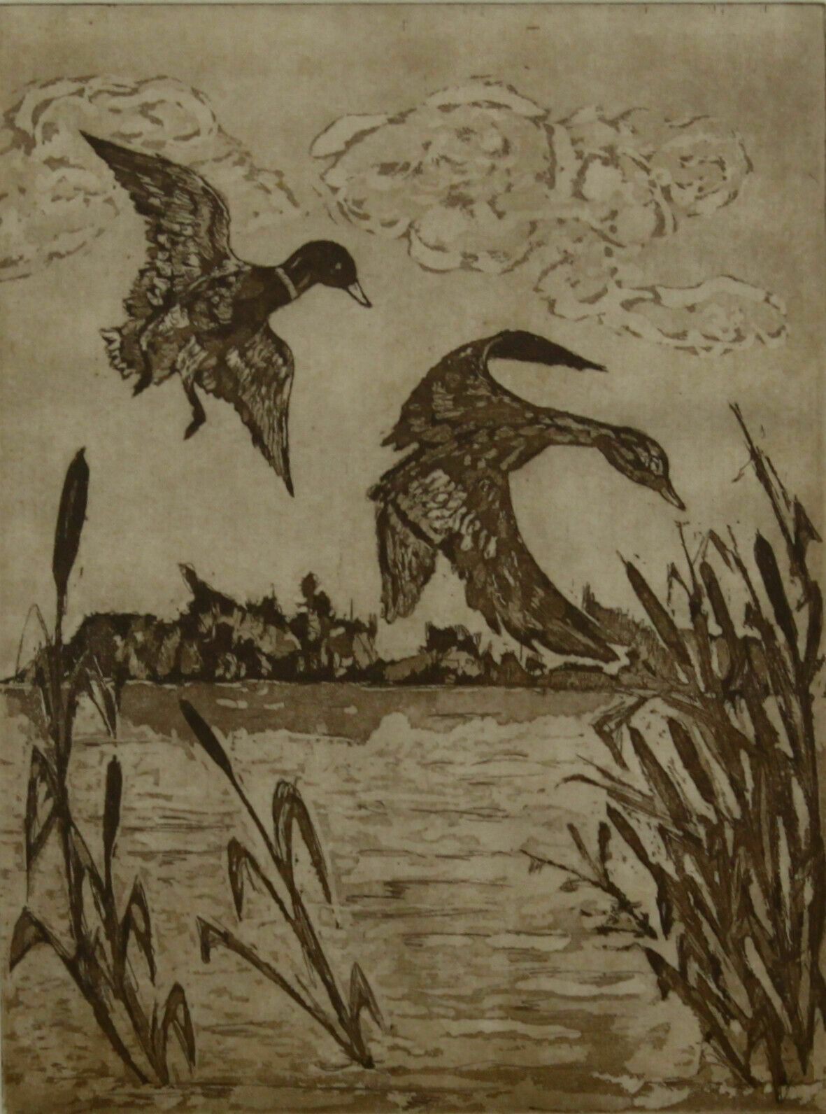 Aquatint Etching In Sepia Of Flying Ducks. Artist Unknown. photo furniture