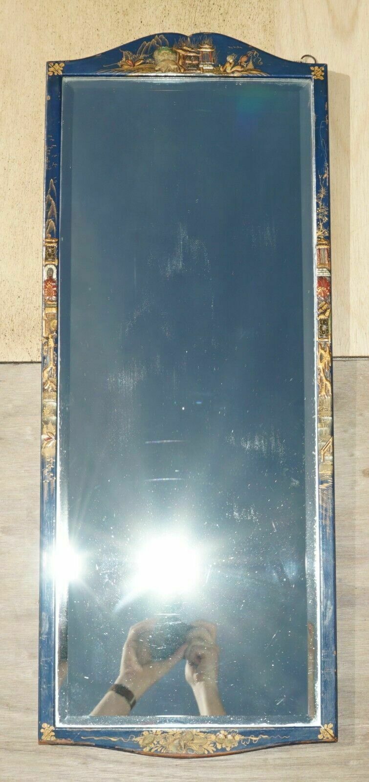 Lovely Antique Chinese Chinoiserie Blue Framed Mirror With Ornate Hand Paintings