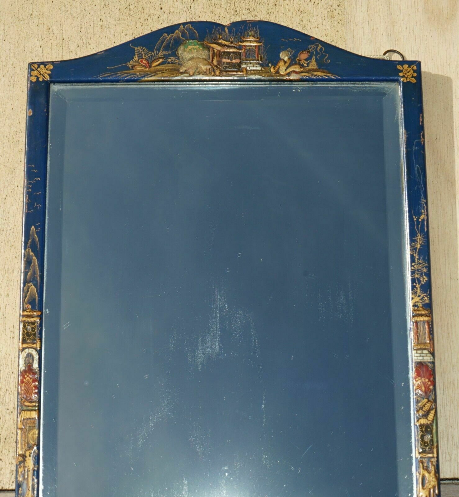 Lovely Antique Chinese Chinoiserie Blue Framed Mirror With Ornate Hand Paintings photo furniture