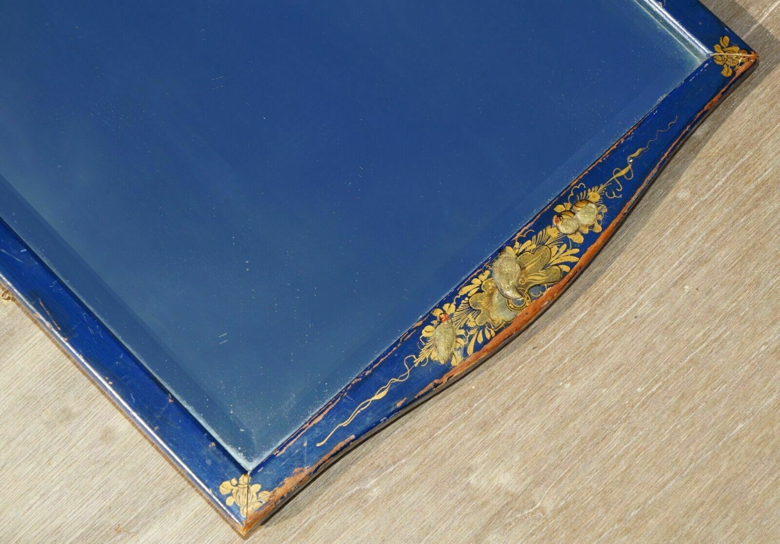 Lovely Antique Chinese Chinoiserie Blue Framed Mirror With Ornate Hand Paintings photo vinterior