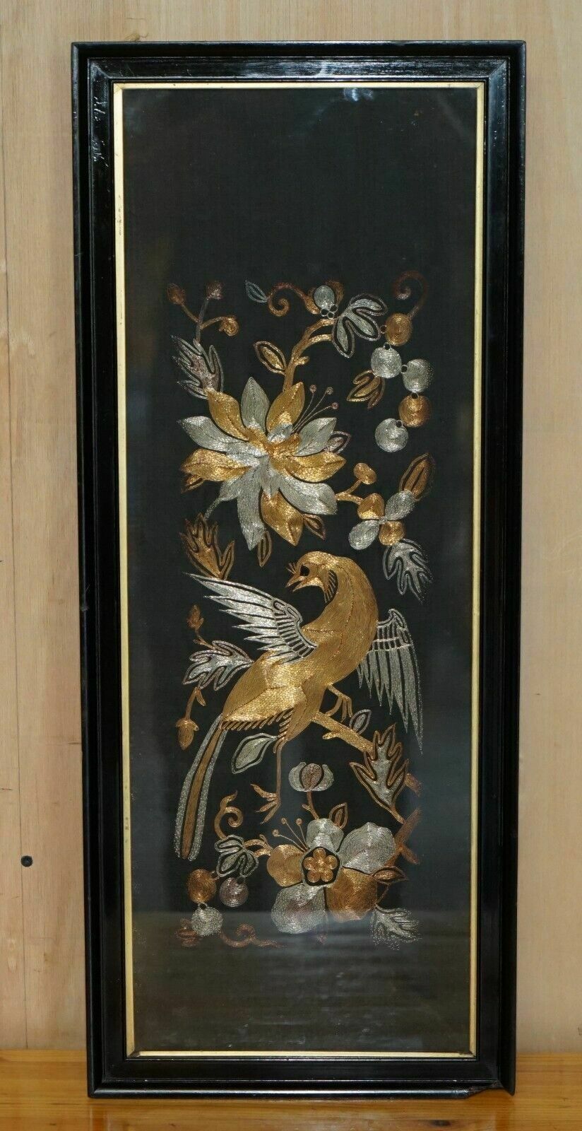 Pair Of 19th Century Chinese Bird & Flowers Gold Silver Stitch Silk Embroideries photo furniture