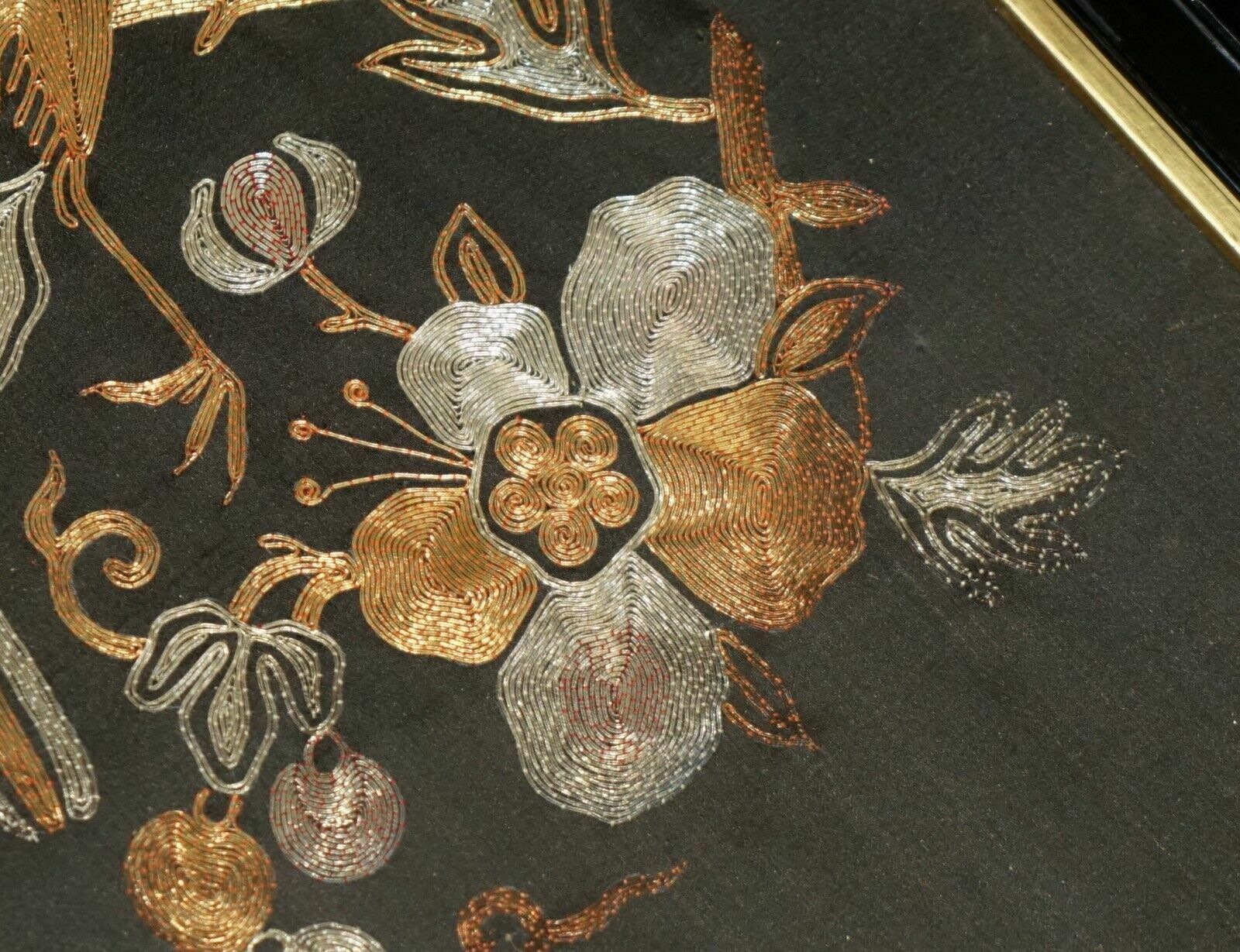 Pair Of 19th Century Chinese Bird & Flowers Gold Silver Stitch Silk Embroideries photo buy