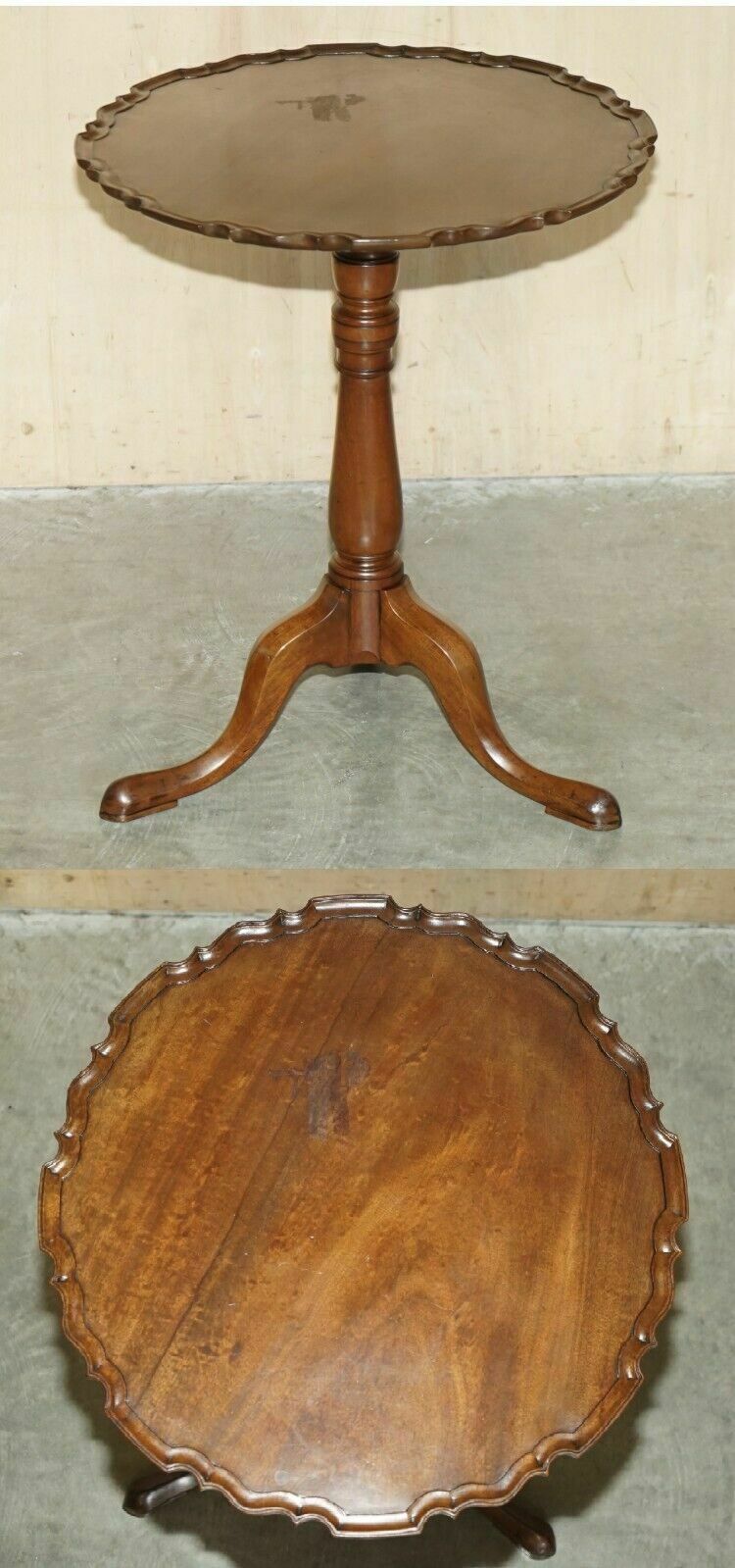 Lovely Circa 1920 Flamed Mahogany Pie Crust Edge Tripod Lamp Side End Wine Table