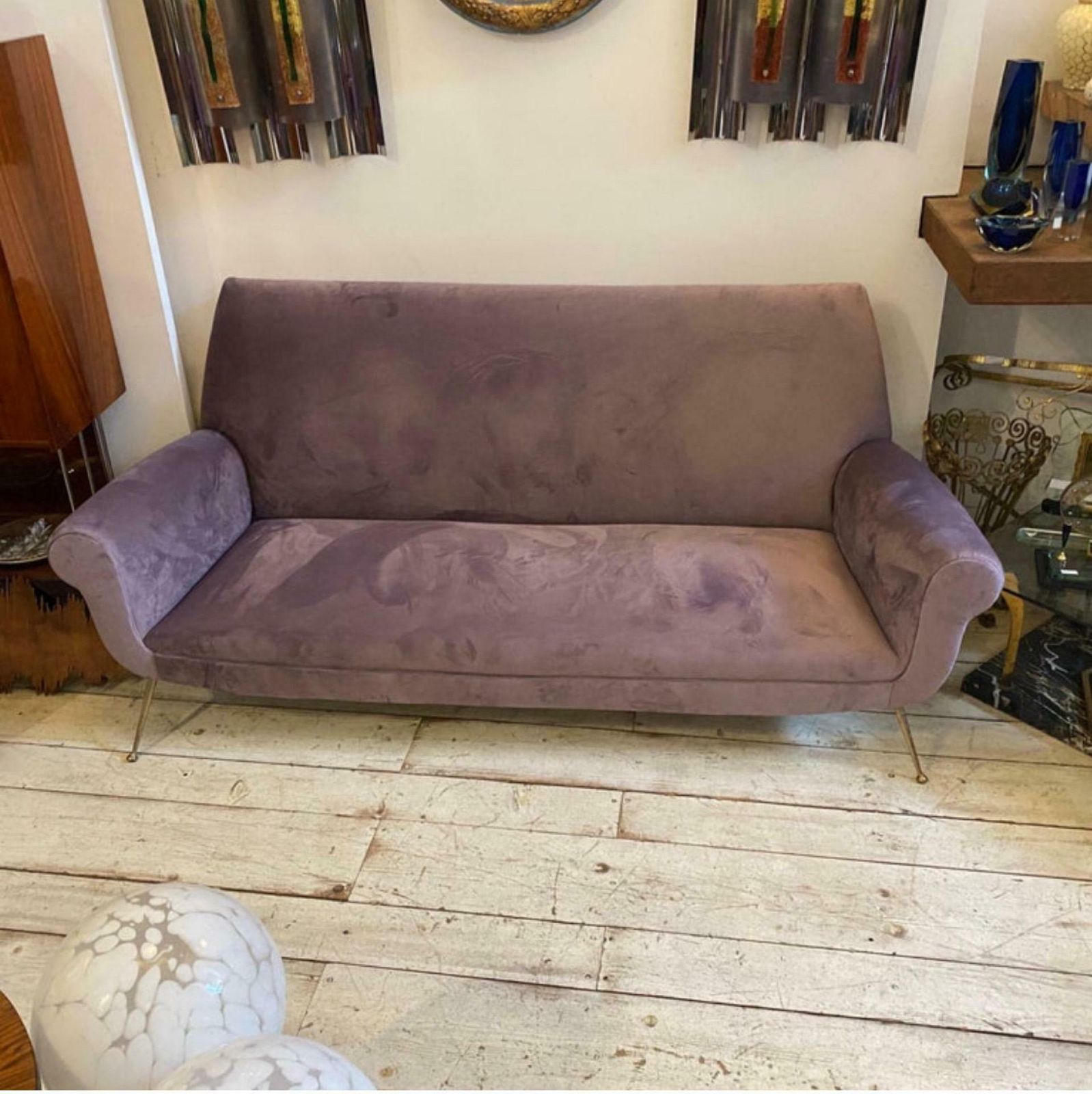 photo for sale 1950s Gigi Radice Style Mid Century Modern Wisteria Velvet Italian Sofa