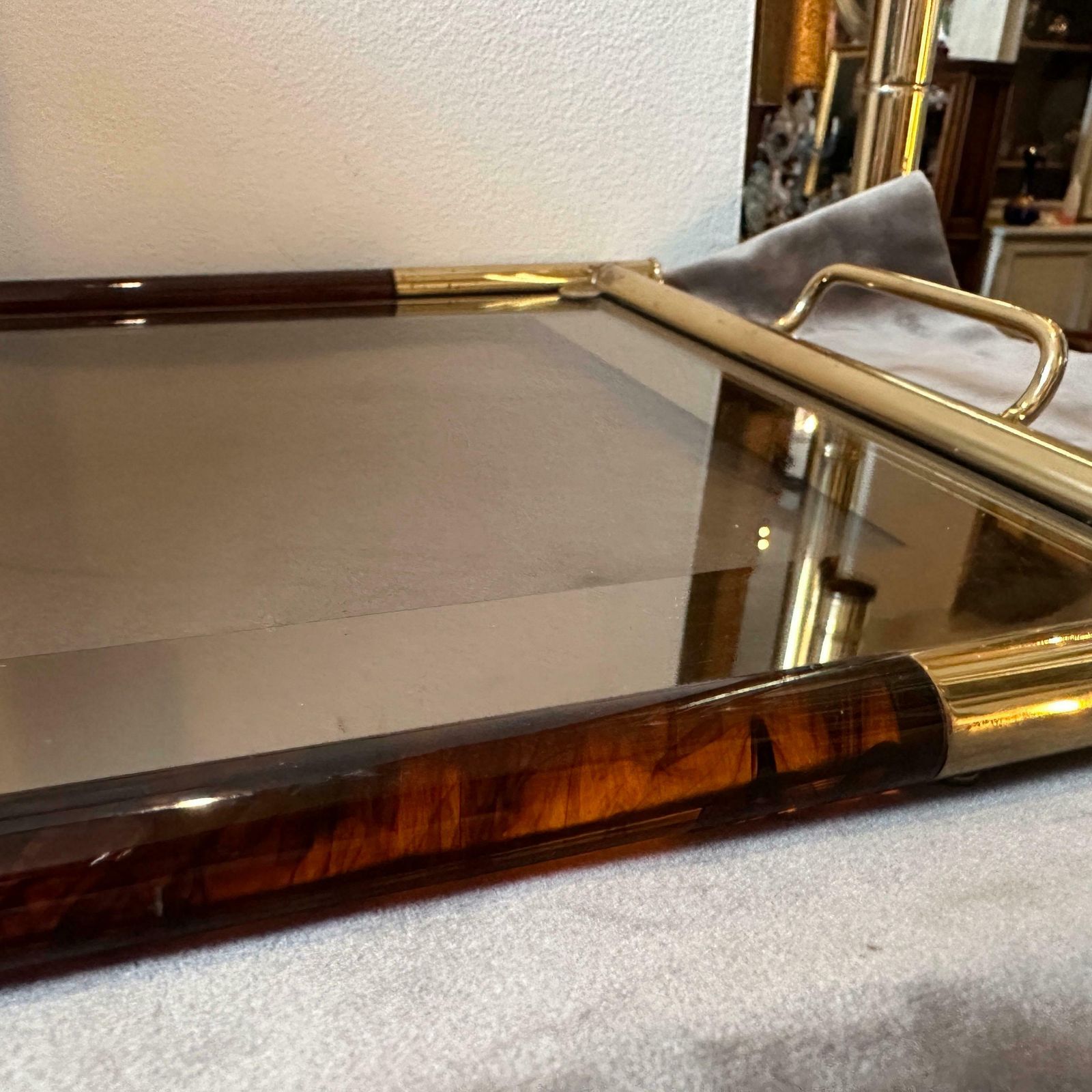 1970s Mid Century Modern Brass Lucite And Smoked Glass Italian Tray photo vintage