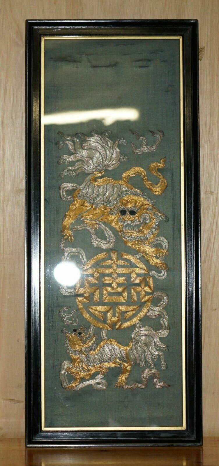 Pair Of 19th Century Chinese Dragon Foo Dog Gold Silver Stitch Silk Embroideries photo for sale